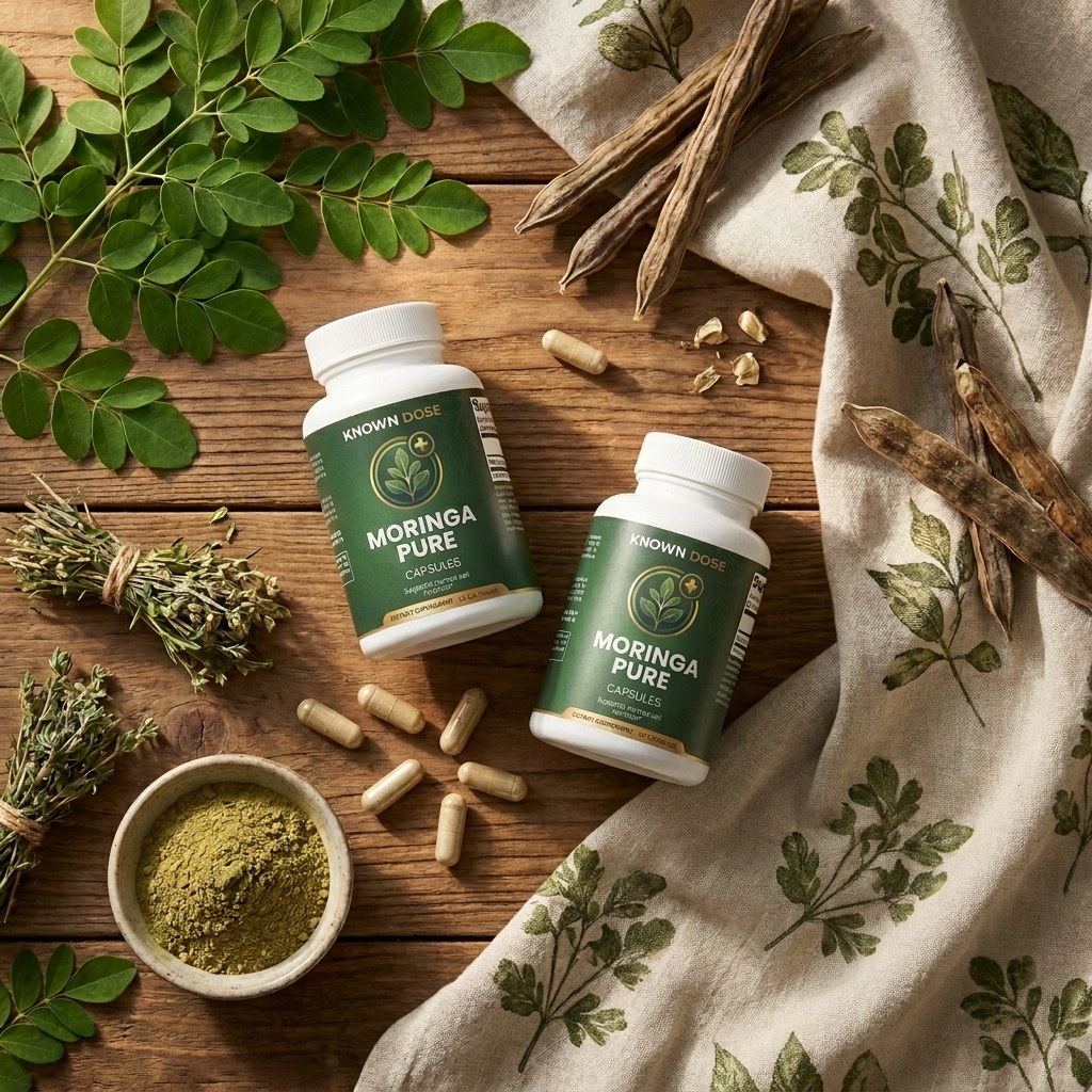 Known Dose Moringa Pure bottles with fresh moringa leaves